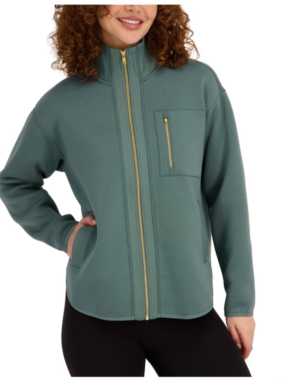 Sage Teal Zip-Front Shacket with Gold Hardware